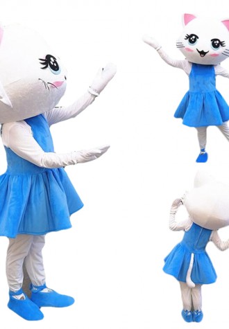 Super Cute Dancing White Cat With Blue Dress Mascot Costume