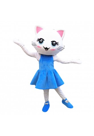 Super Cute Dancing White Cat With Blue Dress Mascot Costume