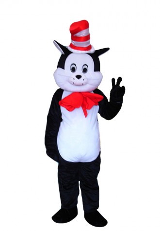 Polite Black & White Cat With Red Tie And Hat Mascot Costume