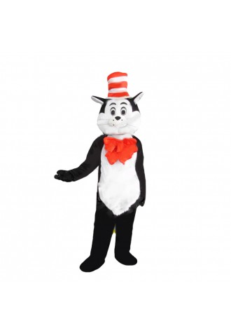 Polite Black & White Cat With Red Tie And Hat Mascot Costume