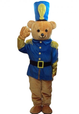 Polite Soldier Bear With Blue Uniform Mascot Costume
