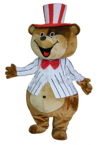 Happy Magician Bear With Striped Top And Hat Mascot Costume