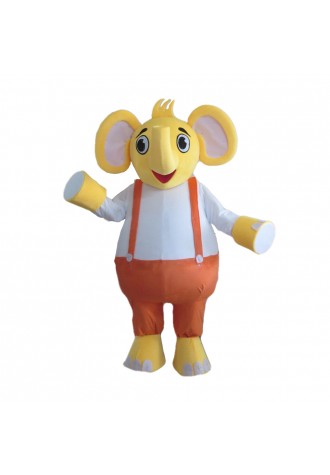 Yellow & White Elephant With Orange Rompers Mascot Costume