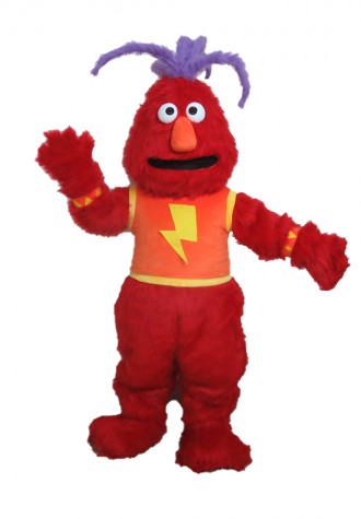 Clownish Red Monster With Purple Hair Mascot Costume