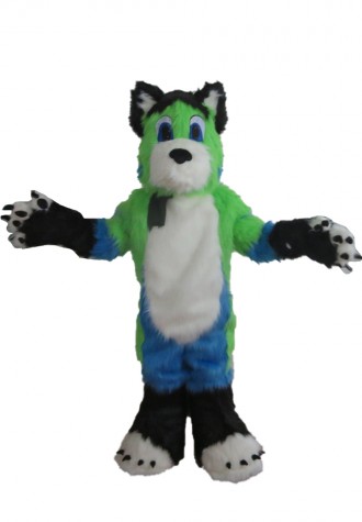 High Quality Long Fur Green & White & Blue Dog Mascot Costume