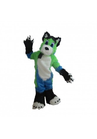 High Quality Long Fur Green & White & Blue Dog Mascot Costume