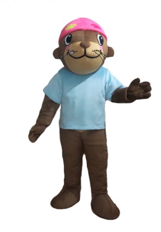 Smiling Seal With Blue Shirt And Pink Scarf Mascot Costume
