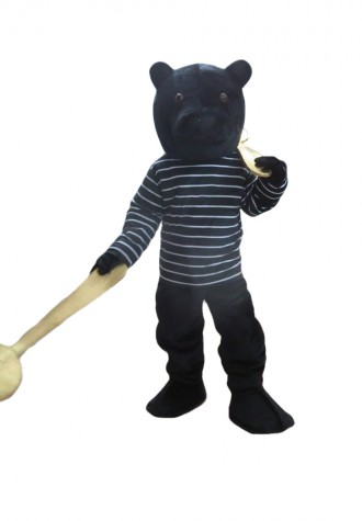 Cool Black Bear With Striped Shirt Mascot Costume