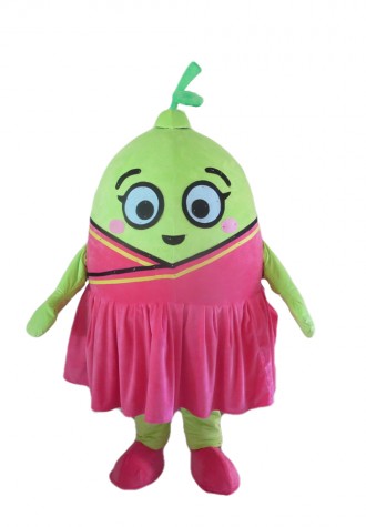 Green Lemon Girl With Pink Dress Mascot Costume