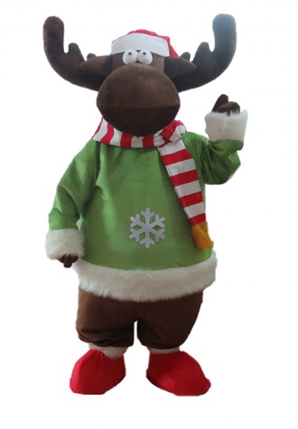 Christmas Elk With Green Coat Mascot Costume