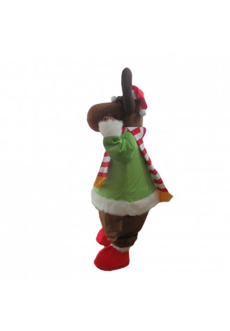 Christmas Elk With Green Coat Mascot Costume