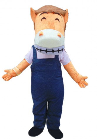 Friendly And Hospitable Horse With Overalls Mascot Costume