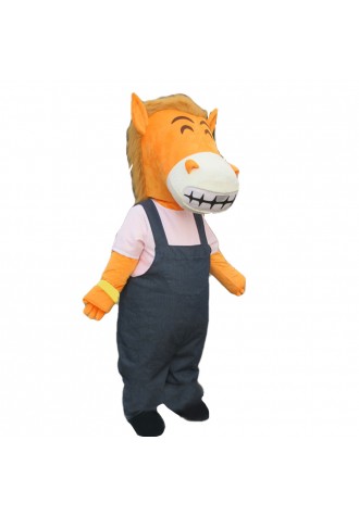 Friendly And Hospitable Horse With Overalls Mascot Costume