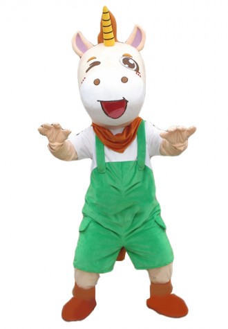 Excited Little Horse With Green Overalls Mascot Costume