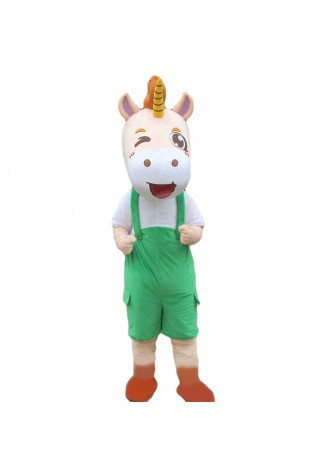 Excited Little Horse With Green Overalls Mascot Costume
