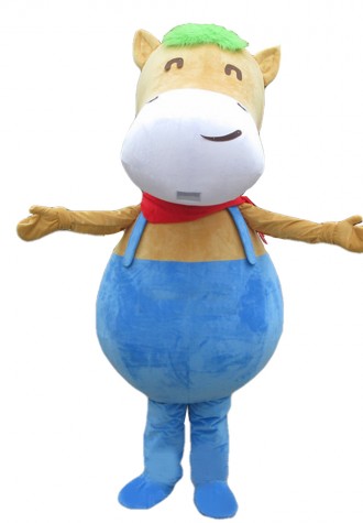 Fat Cartoon Brown Horse With Blue Rompers Mascot Costume