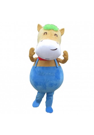 Fat Cartoon Brown Horse With Blue Rompers Mascot Costume