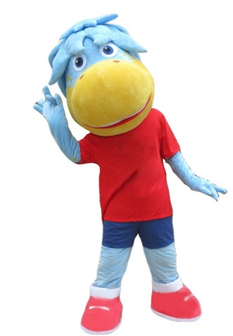 Blue Horse In Red Shirt Mascot Costume For Outdoor Activity