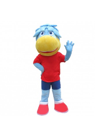 Blue Horse In Red Shirt Mascot Costume For Outdoor Activity
