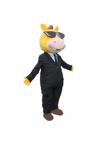 Adult Style Horse In Black Suit And Sunglasses Mascot Costume
