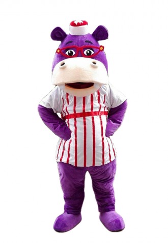 Purple Hippo With Red Glasses And Striped Shirt Mascot Costume