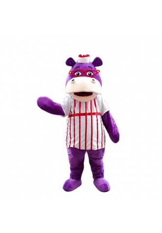 Purple Hippo With Red Glasses And Striped Shirt Mascot Costume