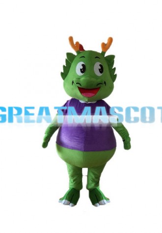 Cartoon Smiling Green Dragon With Purple Top Mascot Costume