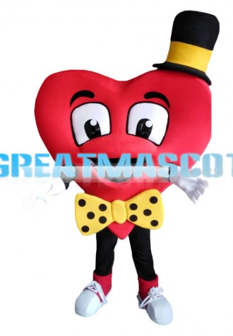 Funny Red Heart With Yellow Tie And Hat Mascot Costume
