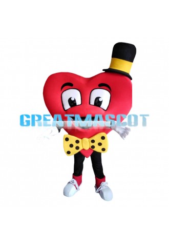Funny Red Heart With Yellow Tie And Hat Mascot Costume
