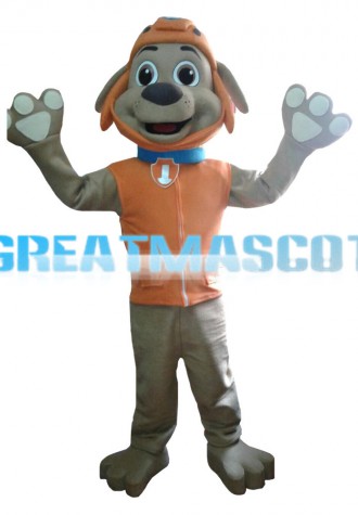Adult Size Excited Grey Dog With Orange Top Mascot Costume