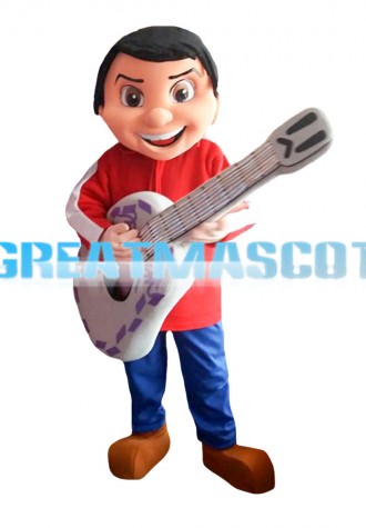 Excited Playing Guitar Boy With Set Mascot Costume