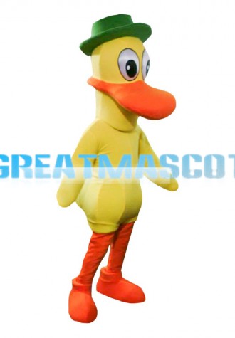 Big Mouth Yellow Duck With Green Hat Mascot Costume