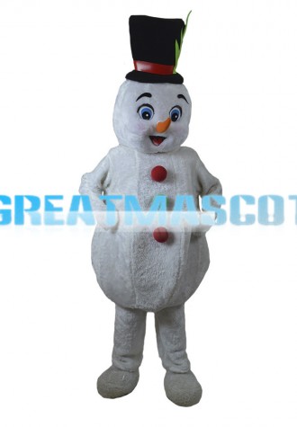 Soft Cartoon Snowman With Bowler Hat Mascot Costume