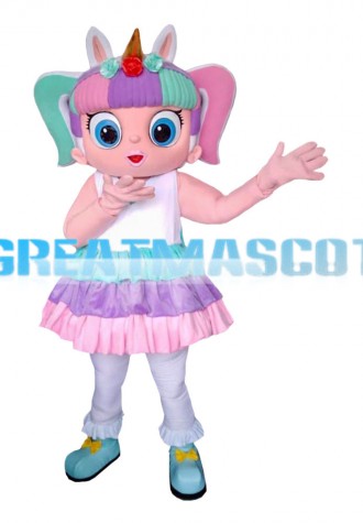 Lovely Blue Eyes Girl With Two Ponytails Mascot Costume