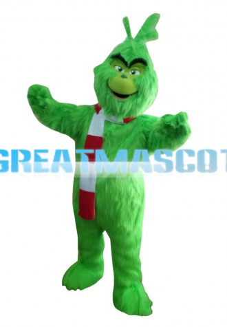Long Fur Green Monster With Scarf Mascot Costume