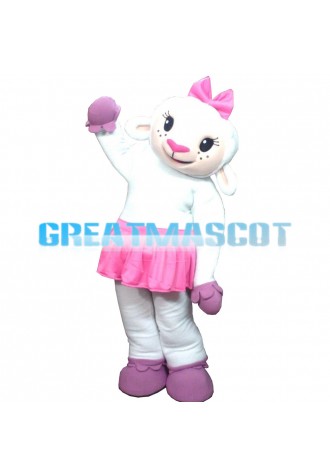 White Furry Sheep In Pink Skirt Mascot Costume