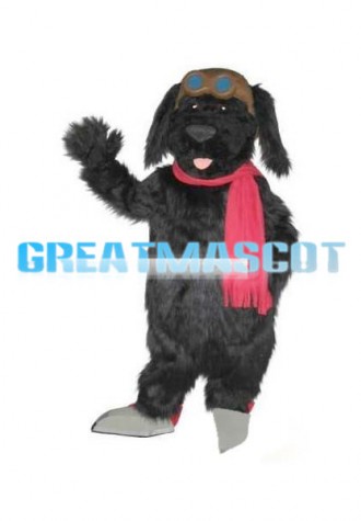 Black Long Fur Dog With Red Scarf Mascot Costume