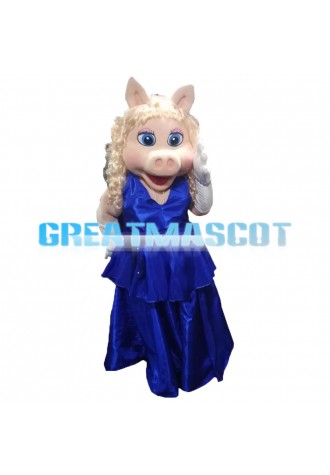 Silver Hair Pig Women With Blue Dress Mascot Costume