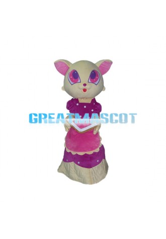White Cat Wearing Purple Dress Mascot Costume