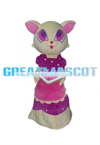 White Cat Wearing Purple Dress Mascot Costume