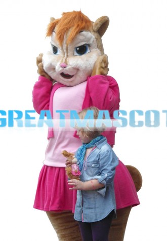 Shy Squirrel Mother With Pink Dress Mascot Costume