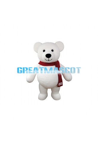 White Teddy Bear With Red Scarf Mascot Costume