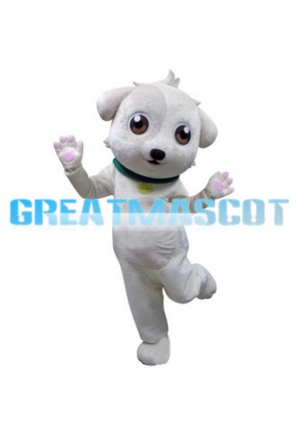 White Dog With Green Collar Mascot Costume