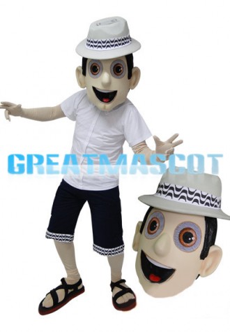 Casual Man With Woven Hat Mascot Costume