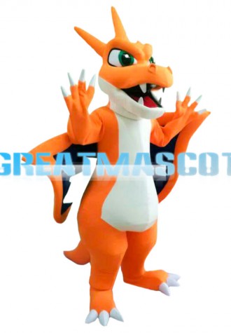Greasy Orange Dragon With Green Eyes Mascot Costume