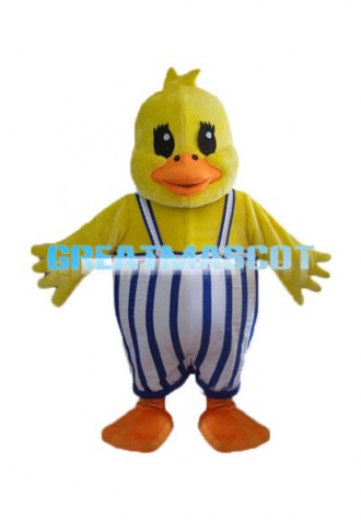 Fat Cartoon Yellow Duck In Striped Overalls Mascot Adult Costume 