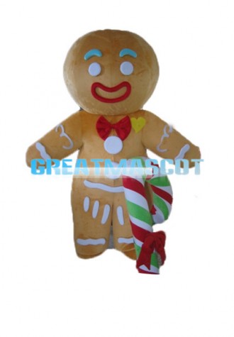 Adult Size Light Brown Gingerbread Man With Candy Cane Mascot Costume 