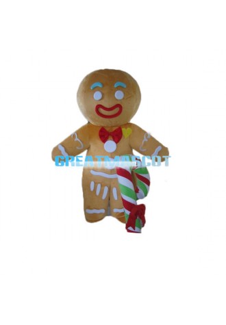 Adult Size Light Brown Gingerbread Man With Candy Cane Mascot Costume 