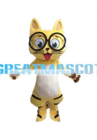 Lovely Yellow Cat With Glasses Mascot Costume