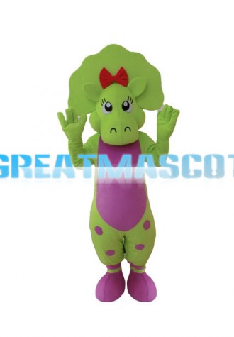 Outgoing  Baby Bop the Bright Green Triceratops Mascot Costume